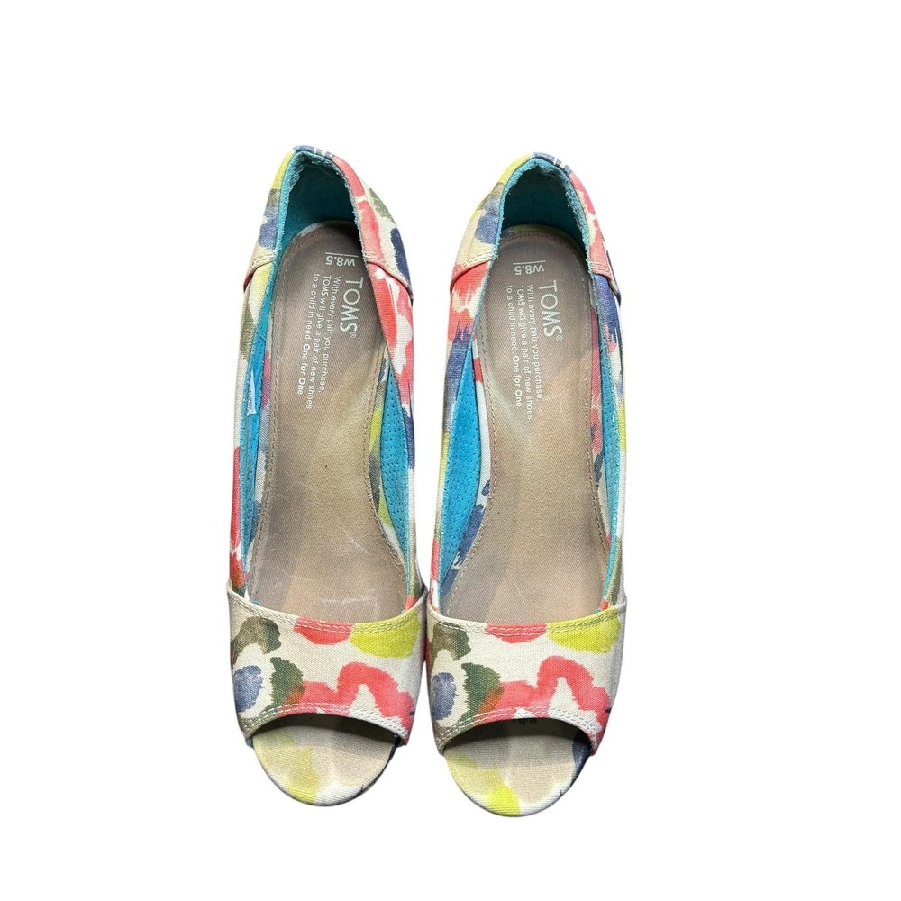 TOMS Shoes Womens Size 8.5‎ Multicolor Floral Peep Toe Cork Platform Wedge Heels